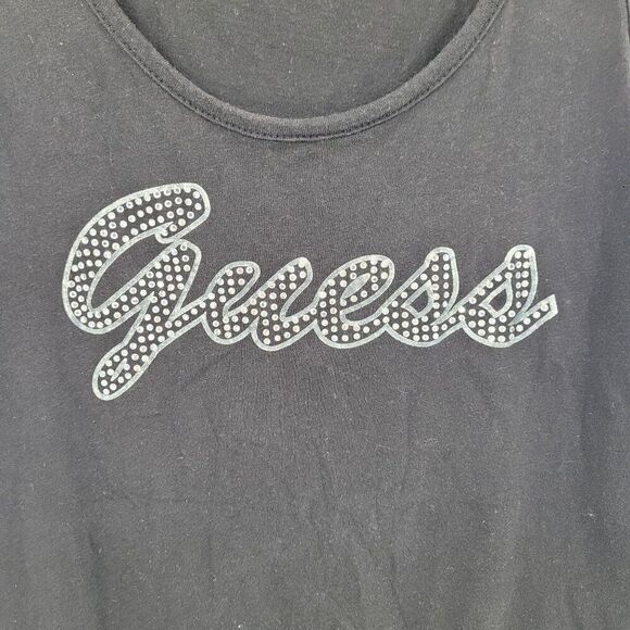 Y2k Guess Black Sleeveless Tank Top Sz M Rhinestone Log Spell Out Baddie Hip Hop - Picture 4 of 11